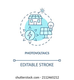Icono de concepto turquesa fotovoltaico. Ilustración de línea delgada abstracta de la tecnología de electrificación rural. Dibujo de contorno aislado. Trazo editable. Fuentes Roboto-Medium, Myriad Pro-Bold utilizadas