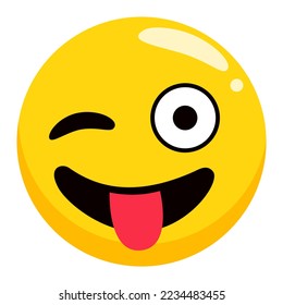 Photozone accessory, winking tongue, round character with positive. Happy con, cheerful object for photoshoot. Funny expression symbol