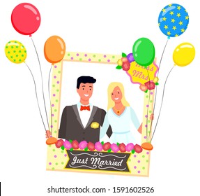Photozone for just married couple vector, bride and groom posing behind composition for photo. Flat style characters smiling, frame with flowers and sign with text, mrs miss. Flourishing decor for pic