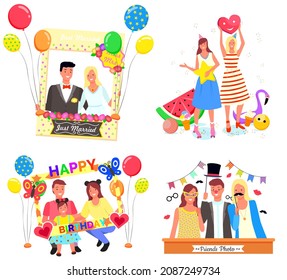 Photozones with people vector, isolated set of character flat style. Celebration of wedding and birthday party, family and friends on photo, balloons and frames with decoration, masks and hats