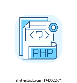 PHP file blue RGB color icon. Source code file. Hypertext Preprocessor code. Webpage files. String, integer, floating point number. PHP script. Web server. HTML form. Isolated vector illustration