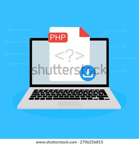 PHP File Download on Laptop. PHP document appearing on a laptop screen with a download icon.