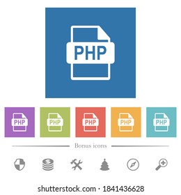 PHP file format flat white icons in square backgrounds. 6 bonus icons included.