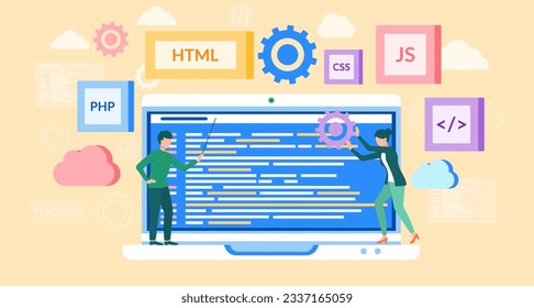 PHP and HTML development concept. Software website developer with computer, programmer service, open source general purpose programming language. Scripting web applications allows to create programs