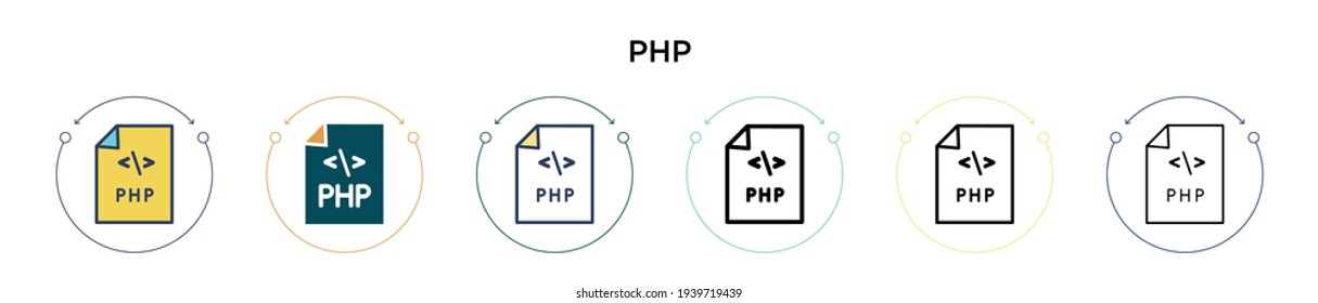 Php icon in filled, thin line, outline and stroke style. Vector illustration of two colored and black php vector icons designs can be used for mobile, ui, web