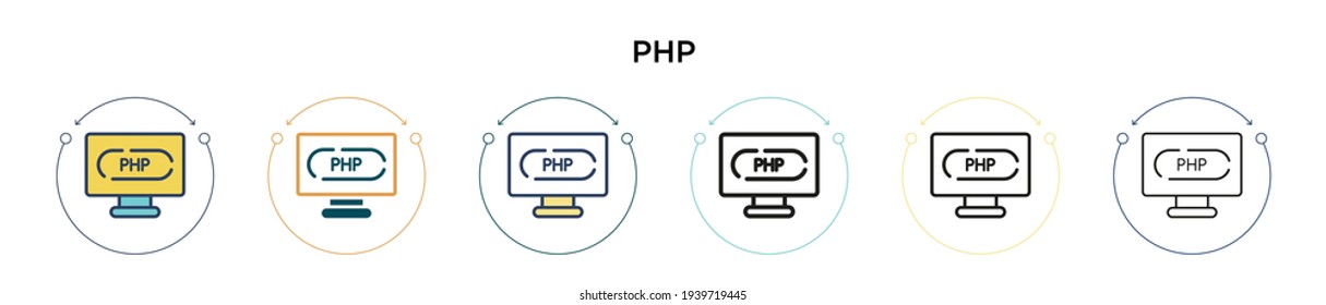 Php icon in filled, thin line, outline and stroke style. Vector illustration of two colored and black php vector icons designs can be used for mobile, ui, web