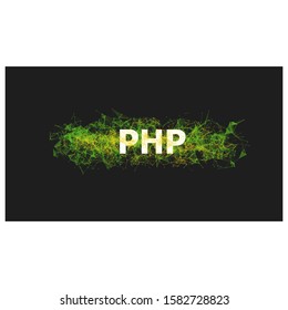PHP language programming banner with colorful plexus design. Software technology vector illustration. Online and offline courses of coding. Website development, front end engineering design.