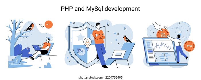 PHP and MySql development metaphor. Software website developer with computer, programmer service, open source general purpose programming language. Scripting web applications allows to create programs