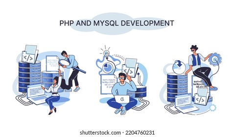 PHP and MySql development metaphor. Software website developer with computer, programmer service, open source general purpose programming language. Scripting web applications allows to create programs