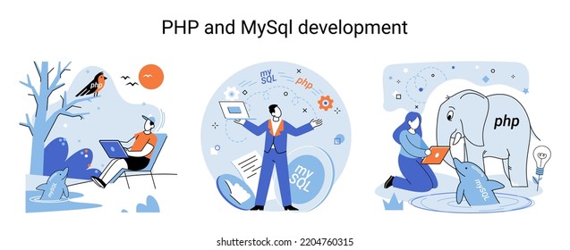 PHP and MySql development metaphor. Software website developer with computer, programmer service, open source general purpose programming language. Scripting web applications allows to create programs