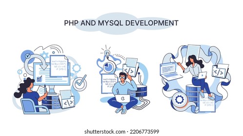 PHP and MySql development metaphor. Software website developer with computer, programmer service, open source general purpose programming language. Scripting web applications allows to create programs
