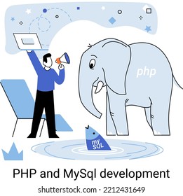 PHP and MySql development metaphor. Software website developer with computer, programmer service, open source general purpose programming language. Scripting web applications allows to create programs