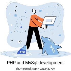 PHP and MySql development metaphor. Software website developer with computer, programmer service, open source general purpose programming language. Scripting web applications allows to create programs