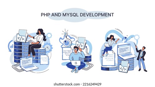PHP and MySql development metaphor. Software website developer with computer, programmer service, open source general purpose programming language. Scripting web applications allows to create programs