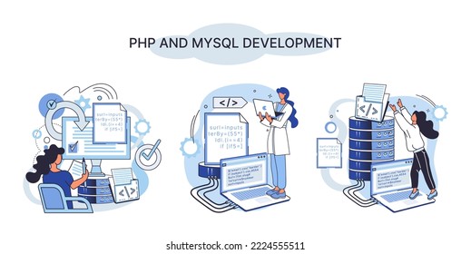 PHP and MySql development metaphor. Software website developer with computer, programmer service, open source general purpose programming language. Scripting web applications allows to create programs