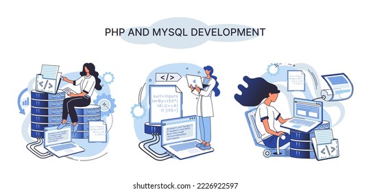 PHP and MySql development metaphor. Software website developer with computer, programmer service, open source general purpose programming language. Scripting web applications allows to create programs