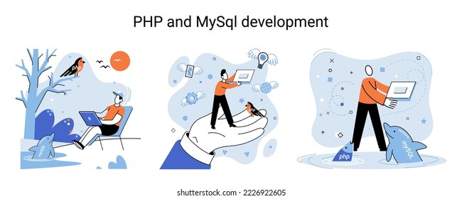 PHP and MySql development metaphor. Software website developer with computer, programmer service, open source general purpose programming language. Scripting web applications allows to create programs