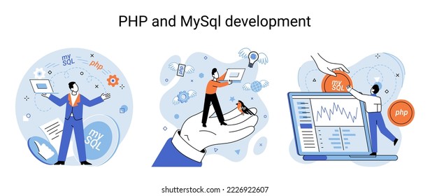 PHP and MySql development metaphor. Software website developer with computer, programmer service, open source general purpose programming language. Scripting web applications allows to create programs