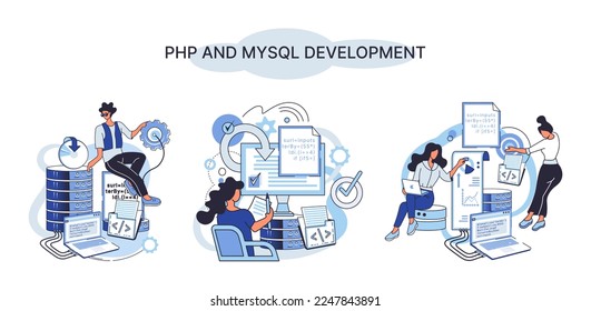 PHP and MySql development metaphor. Software website developer with computer, programmer service, open source general purpose programming language. Scripting web applications allows to create programs