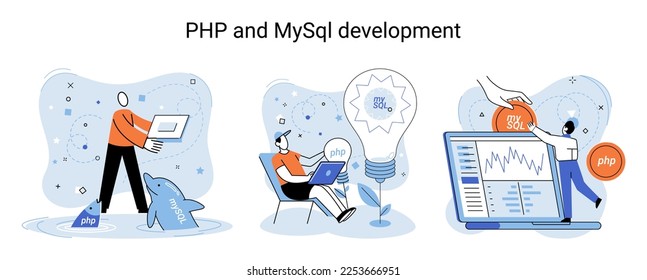 Metáfora de desarrollo de PHP y MySql. Desarrollador de sitios web de software con ordenador, servicio de programador, lenguaje de programación de uso general de código abierto. Las aplicaciones web de guiones permiten crear programas