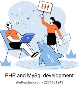 PHP and MySql development metaphor. Software website developer with computer, programmer service, open source general purpose programming language. Scripting web applications allows to create programs