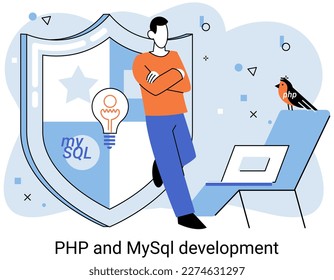 PHP and MySql development metaphor. Software website developer with computer, programmer service, open source general purpose programming language. Scripting web applications allows to create programs