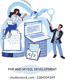 PHP and MySql development metaphor. Software website developer with computer, programmer service, open source general purpose programming language. Scripting web applications allows to create programs