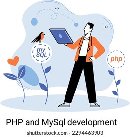 PHP and MySql development metaphor. Software website developer with computer, programmer service, open source general purpose programming language. Scripting web applications allows to create programs