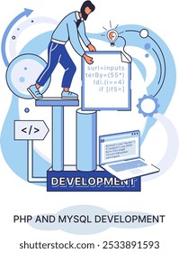 PHP and MySql development metaphor. Software website developer with computer, programmer service, open source general purpose programming language. Scripting web applications allows to create programs