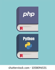 Php python book. vector icons o books on programming in the languages  PHP and Python. Stock illustration Book of PHP and Book Python