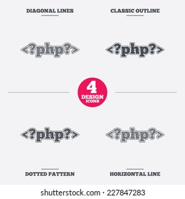 PHP sign icon. Programming language symbol. Diagonal and horizontal lines, classic outline, dotted texture. Pattern design icons.  Vector