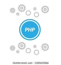 PHP text and circle blue button. PHP sign