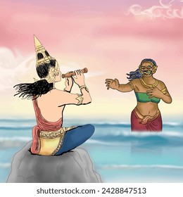 Phra Aphai Mani played the pipe for the giant lady to listen to.