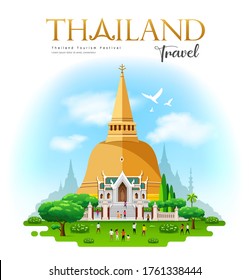 Phra Pathommachedi is a stupa in Nakhon Pathom, Thailand travel with people tourism design, on blue cloud and sky background, vector illustration