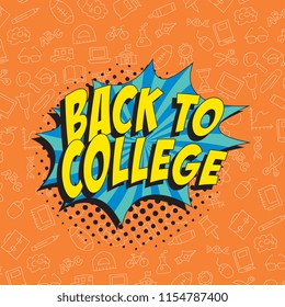 phrase back to college in retro comic style on colorful background with various icons
