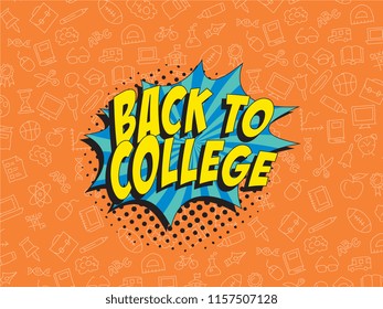 phrase back to college in retro comic style on colorful background with various icons