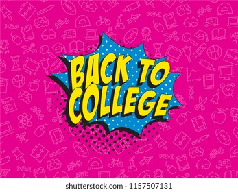phrase back to college in retro comic style on colorful background with various icons