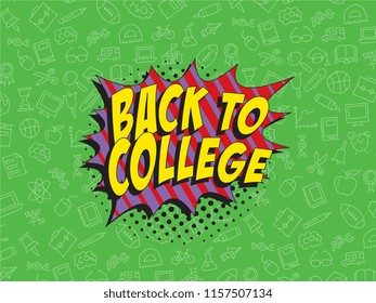 phrase back to college in retro comic style on colorful background with various icons