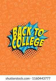 phrase back to college in retro comic style on colorful background with various icons