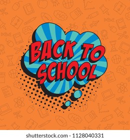 phrase back to school in retro comic style on colorful background with various icons