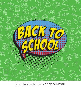 phrase back to school in retro comic style on colorful background with various icons