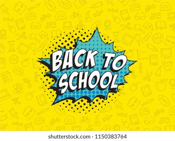 phrase back to school in retro comic style on colorful background with various icons