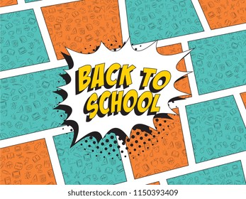 phrase back to school in retro comic style on colorful background with various icons