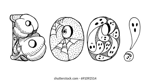 Phrase "BOO!", decorated with items for Halloween. The sketch marker. Vector