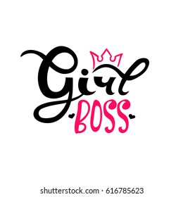 Phrase Boss girl. Isolated on white background. Hand drawn lettering, crown, heart. Design typographic elements. Modern calligraphy.