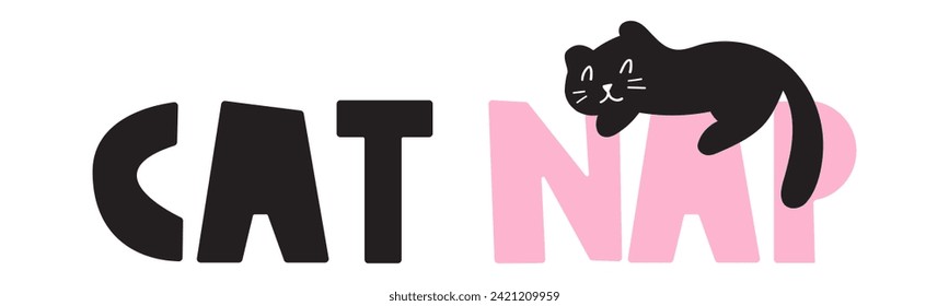 Phrase - Cat nap. Sleeping kitten. Flat design. Vector illustration on white background.