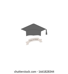 Phrase class of 2020. Graduation cap and ribbon. Vector clip art in cartoon style