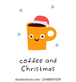 Phrase - coffee and Christmas. Cup of coffee wearing Santa' hat. Cute illustration on white background.