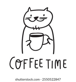 Phrase - coffee time. Cat with hot coffee cup. Hand drawn design. Illustration on white background. 
