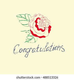 The phrase "Congratulations" written next to a painted red flower on a light background. Template greeting cards.